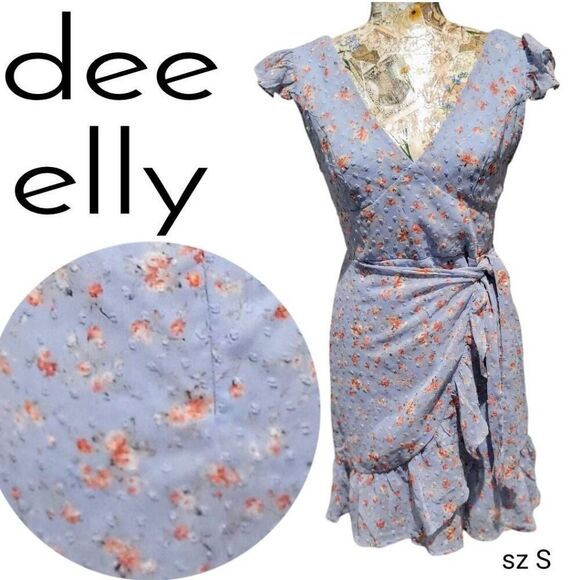Dee Elly Blue Ditsy Floral Summer Ruffle Sleeves Girlcore Romantic Short Dress - Picture 1 of 10